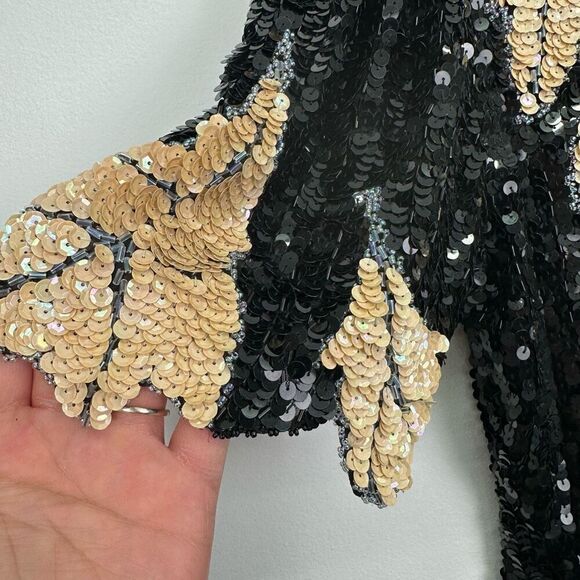 Lillie Rubin Women’s Black Cream All Over Sequin Leaf Illusion Neck Mini Dress - Picture 10 of 16